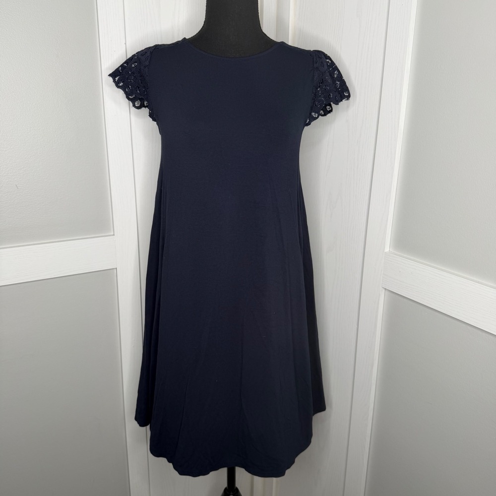 Loft Swing Dress Women Size SP Navy Blue Lace Sleeve Knit Back Cutout Mini